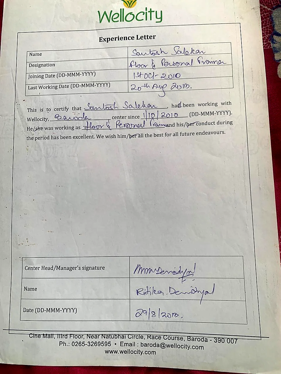 Wellocity Fitness — Experience Letter 2010